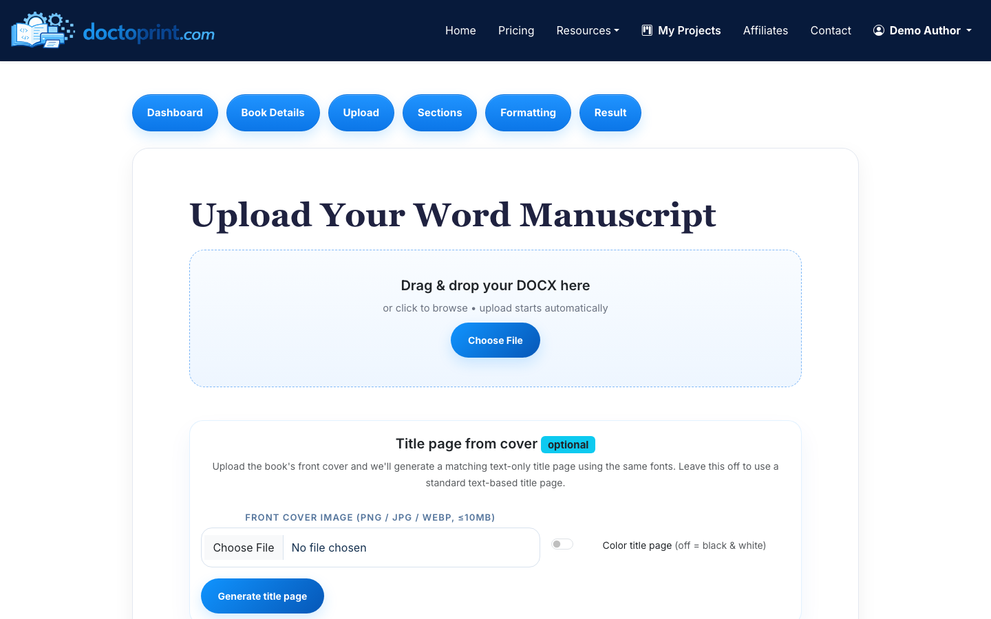 Upload your DOC or DOCX manuscript on the print upload screen.
